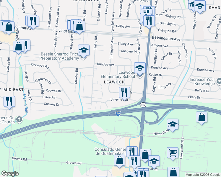 map of restaurants, bars, coffee shops, grocery stores, and more near 1722 Burlington Avenue in Columbus