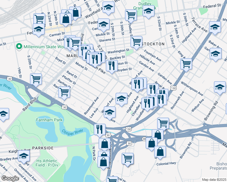 map of restaurants, bars, coffee shops, grocery stores, and more near 6846 Lee Ave in Pennsauken Township