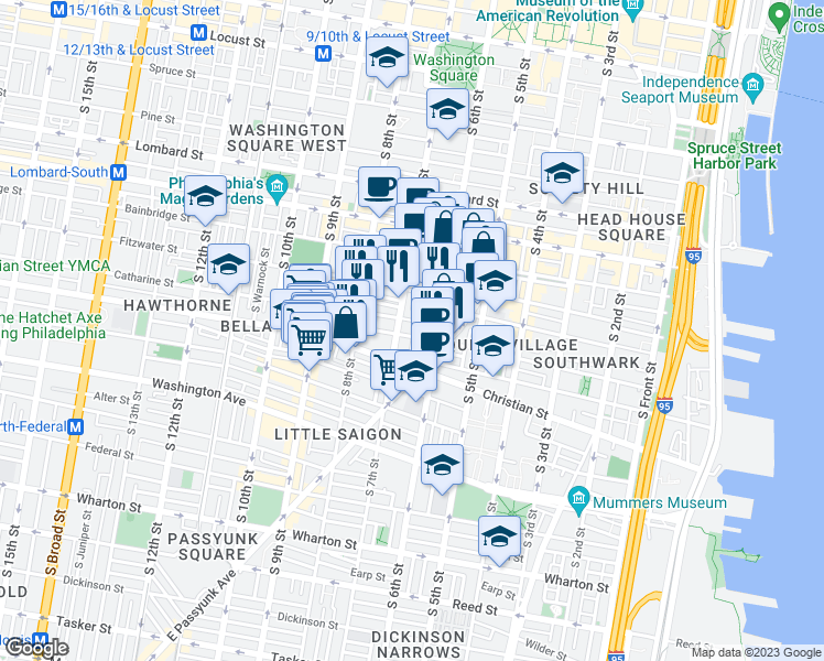 map of restaurants, bars, coffee shops, grocery stores, and more near 627 Catharine Street in Philadelphia