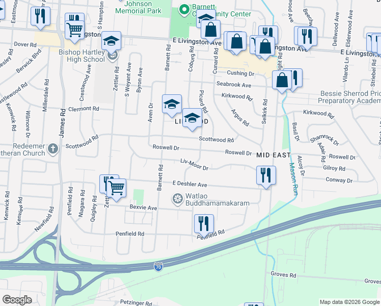 map of restaurants, bars, coffee shops, grocery stores, and more near 3353 Roswell Drive in Columbus