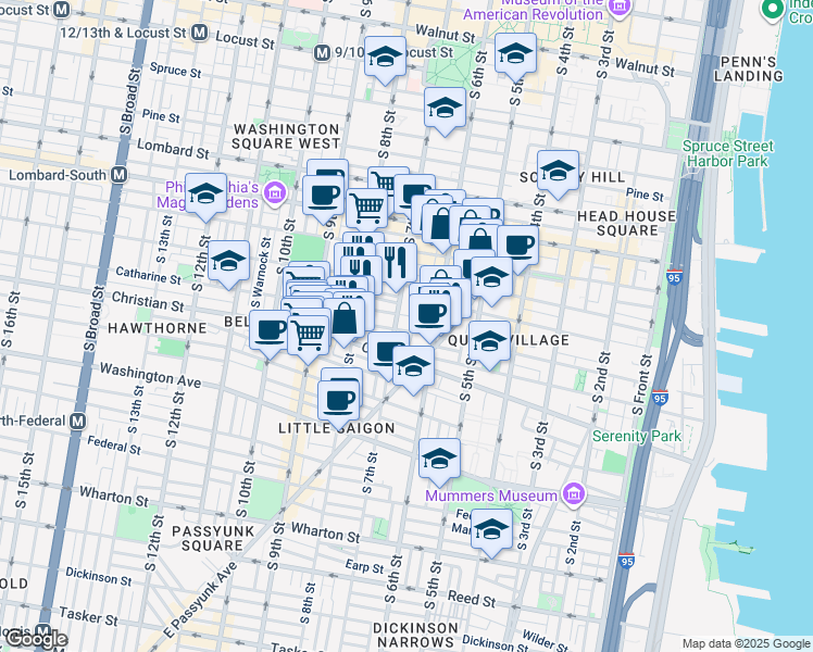 map of restaurants, bars, coffee shops, grocery stores, and more near 631 Catharine Street in Philadelphia