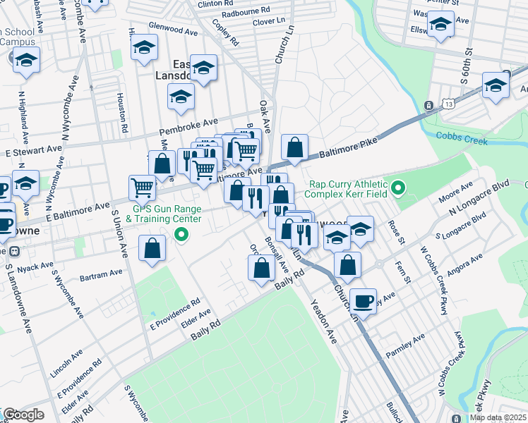 map of restaurants, bars, coffee shops, grocery stores, and more near 663 Penn Street in Yeadon