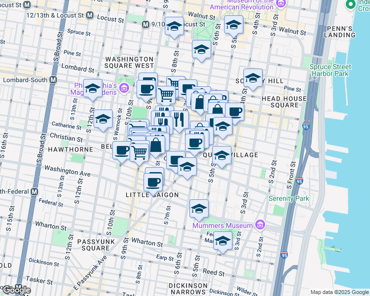 map of restaurants, bars, coffee shops, grocery stores, and more near 629 Catharine Street in Philadelphia