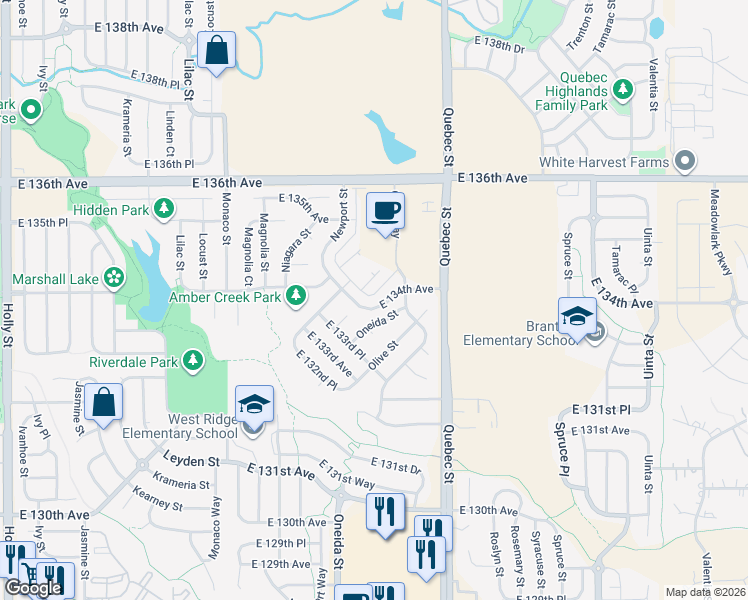 map of restaurants, bars, coffee shops, grocery stores, and more near 13391 Oneida Street in Thornton