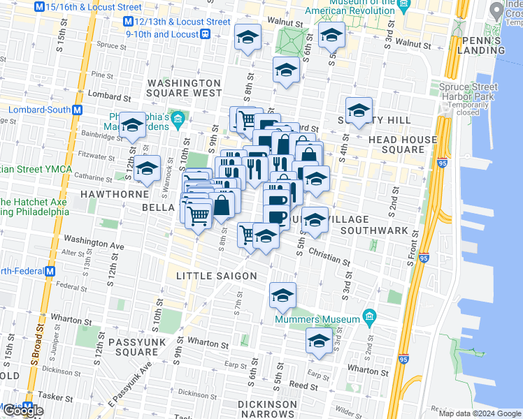 map of restaurants, bars, coffee shops, grocery stores, and more near 631 Catharine Street in Philadelphia
