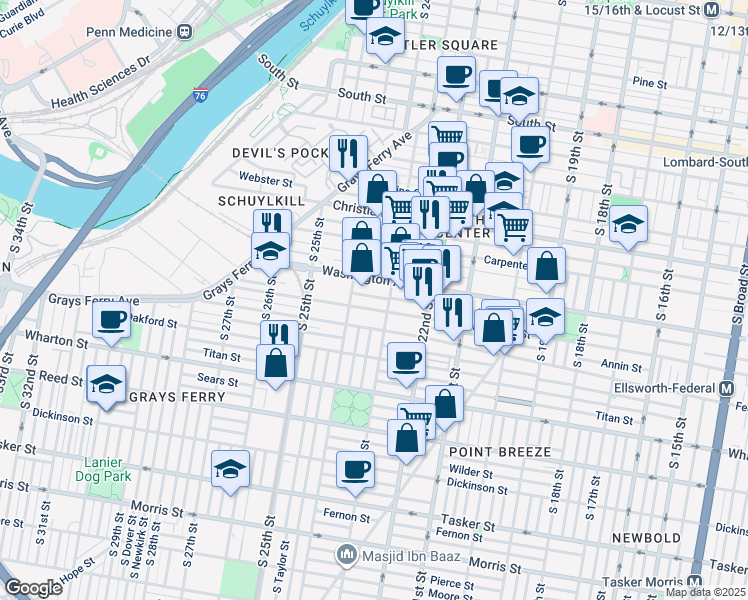 map of restaurants, bars, coffee shops, grocery stores, and more near 2314 Alter Street in Philadelphia