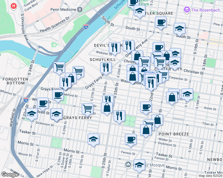 map of restaurants, bars, coffee shops, grocery stores, and more near 2518 Ellsworth Street in Philadelphia