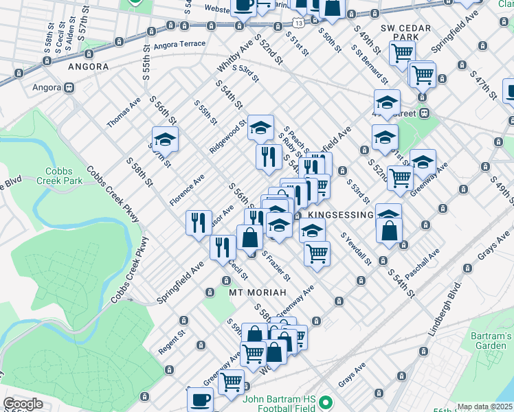 map of restaurants, bars, coffee shops, grocery stores, and more near 5549 Springfield Avenue in Philadelphia