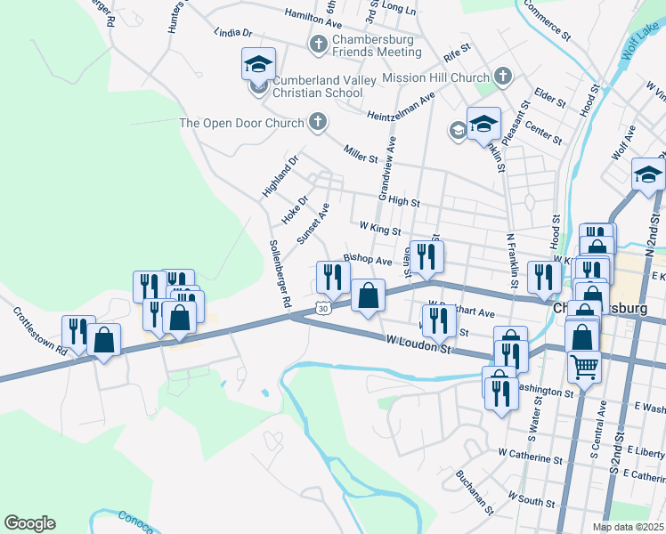 map of restaurants, bars, coffee shops, grocery stores, and more near 658 Bishop Avenue in Chambersburg