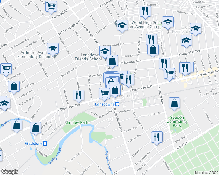 map of restaurants, bars, coffee shops, grocery stores, and more near 28 North Lansdowne Avenue in Lansdowne