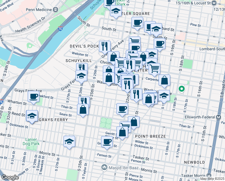 map of restaurants, bars, coffee shops, grocery stores, and more near 2314 Alter Street in Philadelphia