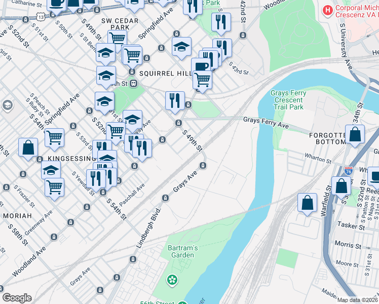 map of restaurants, bars, coffee shops, grocery stores, and more near 1508 South 49th Street in Philadelphia