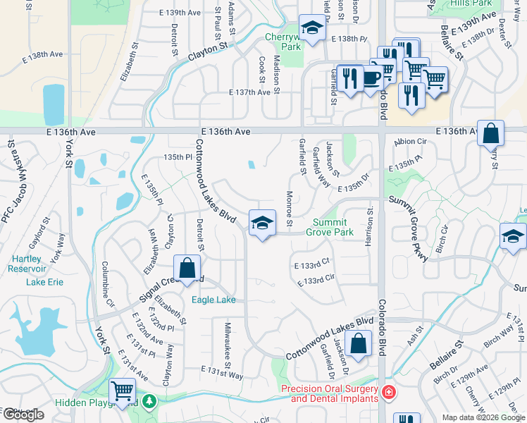 map of restaurants, bars, coffee shops, grocery stores, and more near 13400 Saint Paul Street in Thornton