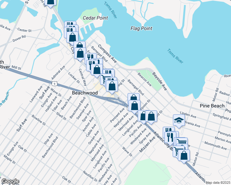 map of restaurants, bars, coffee shops, grocery stores, and more near 356 Atlantic City Boulevard in Beachwood