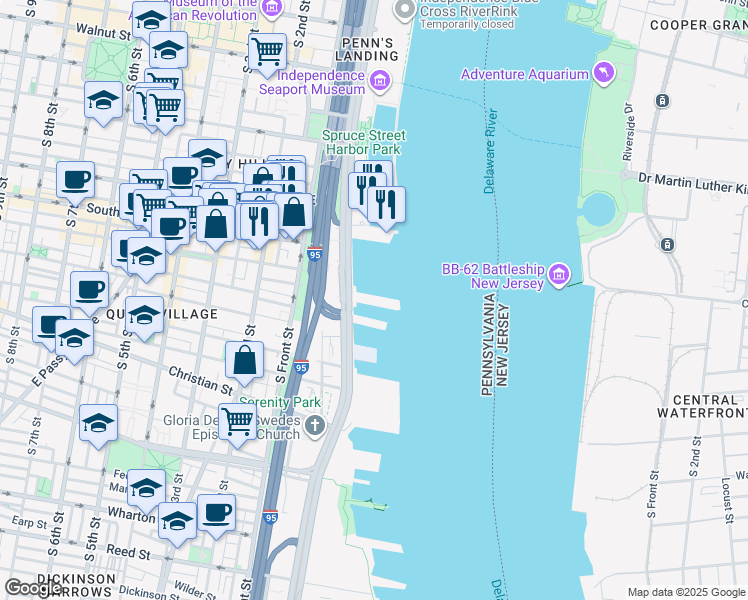 map of restaurants, bars, coffee shops, grocery stores, and more near 717 South Christopher Columbus Boulevard in Philadelphia