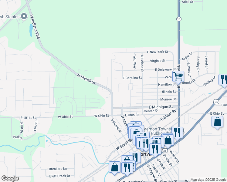 map of restaurants, bars, coffee shops, grocery stores, and more near 519 North Merrill Street in Fortville