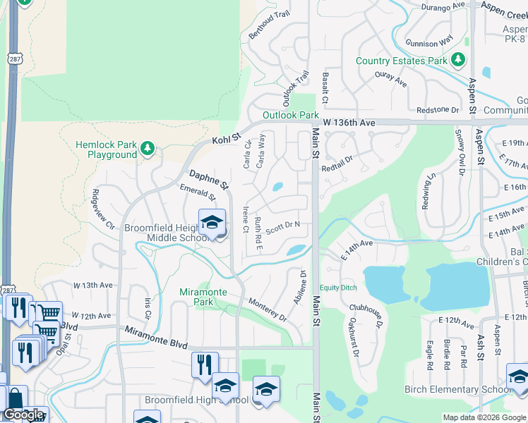 map of restaurants, bars, coffee shops, grocery stores, and more near 2 Ruth Road in Broomfield