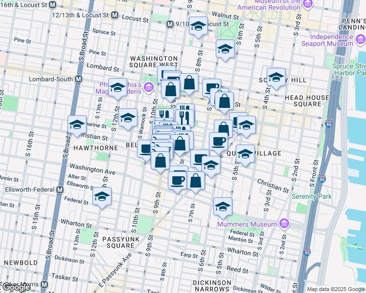 map of restaurants, bars, coffee shops, grocery stores, and more near 748 Catharine Street in Philadelphia
