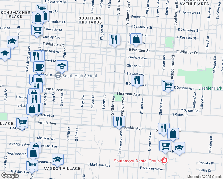 map of restaurants, bars, coffee shops, grocery stores, and more near 1259 South Ohio Avenue in Columbus