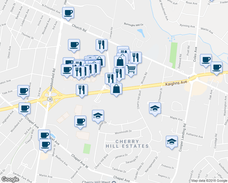 map of restaurants, bars, coffee shops, grocery stores, and more near 2145 New Jersey 38 in Cherry Hill