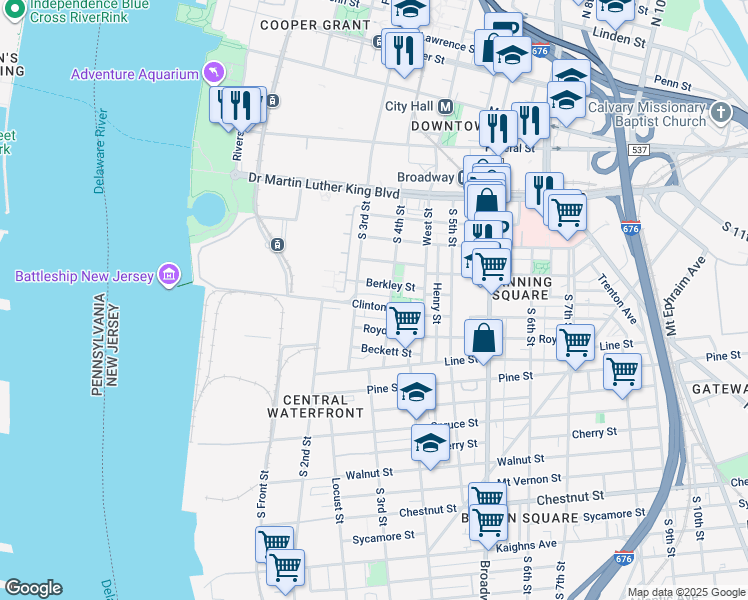 map of restaurants, bars, coffee shops, grocery stores, and more near 317 Clinton Street in Camden