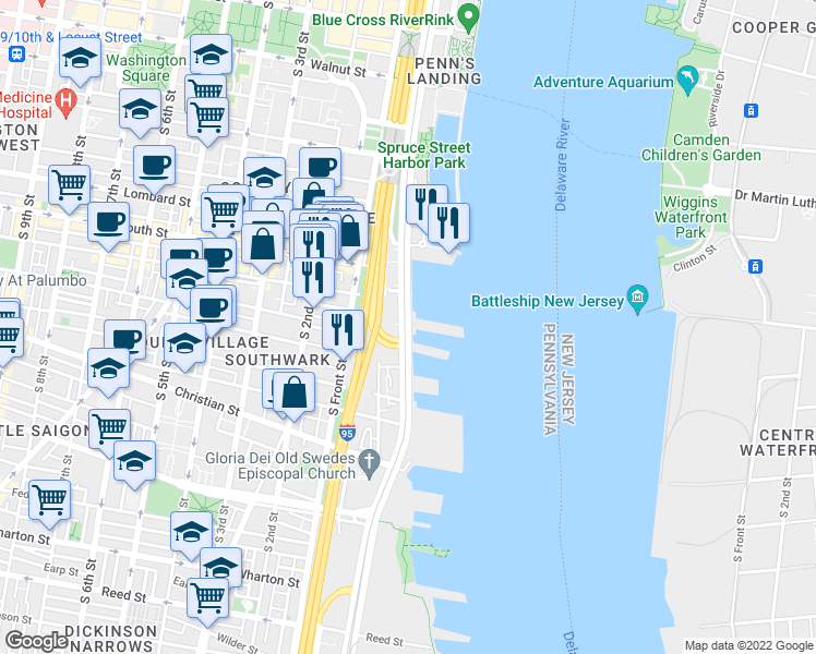 map of restaurants, bars, coffee shops, grocery stores, and more near 750 South Christopher Columbus Boulevard in Philadelphia