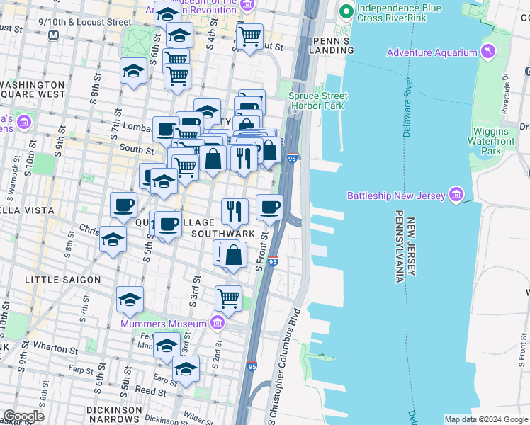 map of restaurants, bars, coffee shops, grocery stores, and more near 738 South Front Street in Philadelphia