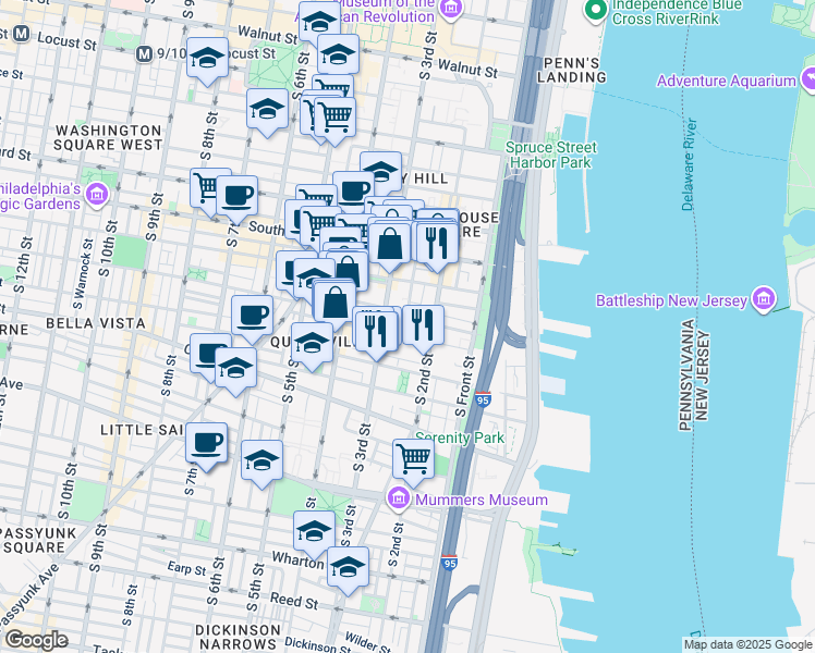 map of restaurants, bars, coffee shops, grocery stores, and more near 227 Fitzwater Street in Philadelphia