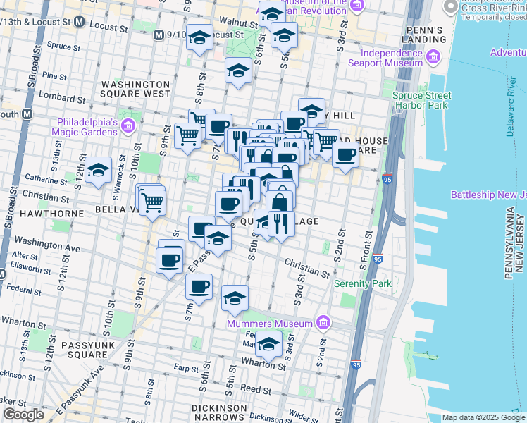 map of restaurants, bars, coffee shops, grocery stores, and more near 768 South 5th Street in Philadelphia
