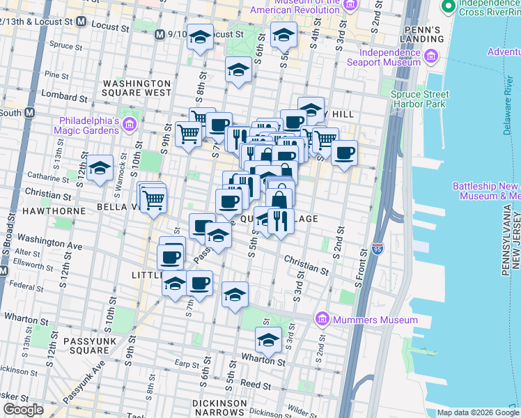 map of restaurants, bars, coffee shops, grocery stores, and more near 768 South 5th Street in Philadelphia