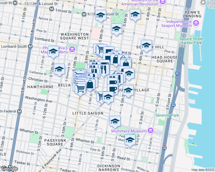 map of restaurants, bars, coffee shops, grocery stores, and more near 641 Catharine Street in Philadelphia