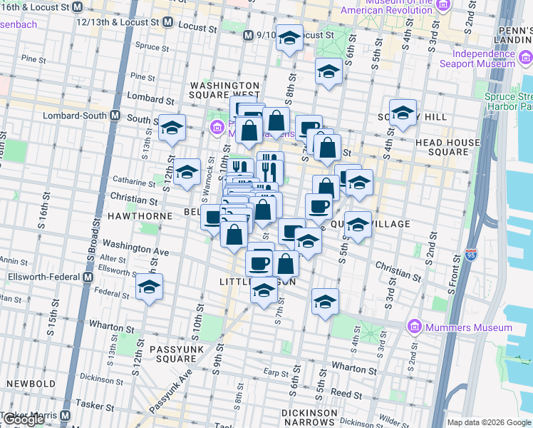 map of restaurants, bars, coffee shops, grocery stores, and more near 748 Catharine Street in Philadelphia