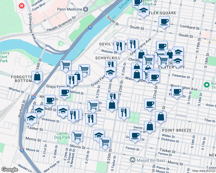 map of restaurants, bars, coffee shops, grocery stores, and more near 2614 Annin Street in Philadelphia