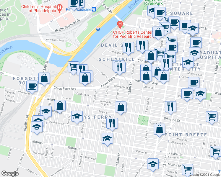 map of restaurants, bars, coffee shops, grocery stores, and more near 2614 Annin Street in Philadelphia
