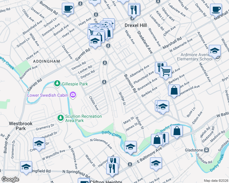 map of restaurants, bars, coffee shops, grocery stores, and more near 248 Blanchard Road in Drexel Hill