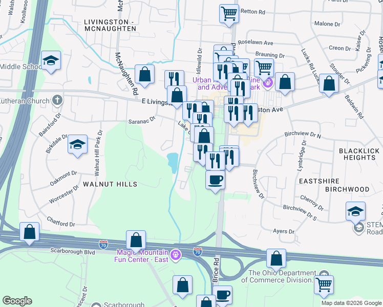 map of restaurants, bars, coffee shops, grocery stores, and more near 6019 Lake Club Court in Columbus