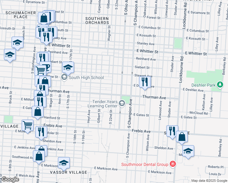 map of restaurants, bars, coffee shops, grocery stores, and more near 816 Thurman Avenue in Columbus