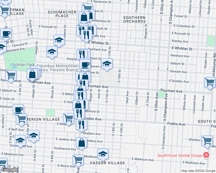 map of restaurants, bars, coffee shops, grocery stores, and more near 599 Thurman Avenue in Columbus