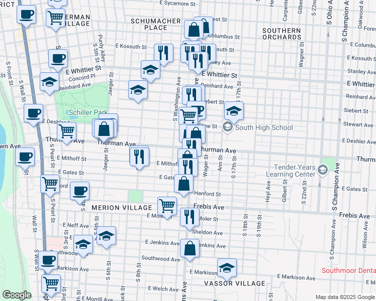 map of restaurants, bars, coffee shops, grocery stores, and more near in Columbus