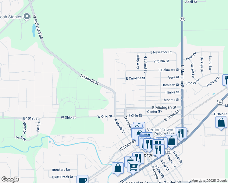 map of restaurants, bars, coffee shops, grocery stores, and more near 519 North Merrill Street in Fortville