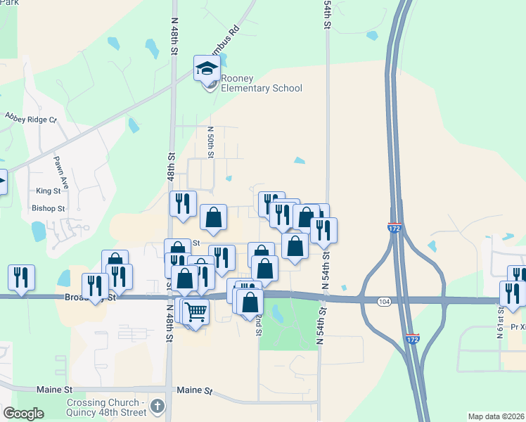 map of restaurants, bars, coffee shops, grocery stores, and more near 5211 Broadway Street in Quincy