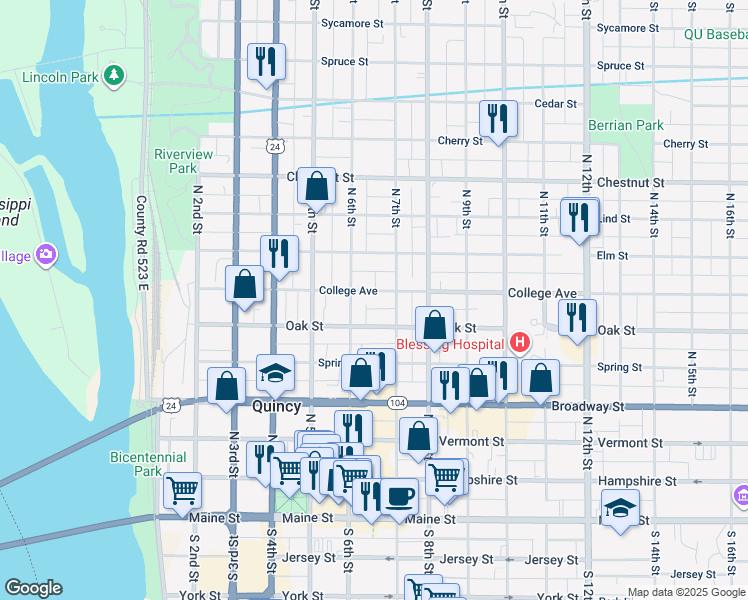 map of restaurants, bars, coffee shops, grocery stores, and more near 624 College Avenue in Quincy