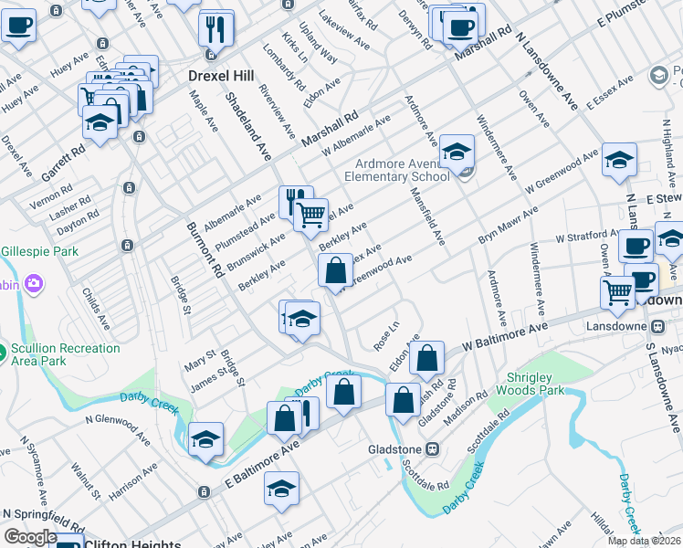 map of restaurants, bars, coffee shops, grocery stores, and more near 290 West Essex Avenue in Lansdowne