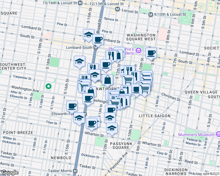 map of restaurants, bars, coffee shops, grocery stores, and more near 1216 Montrose Street in Philadelphia