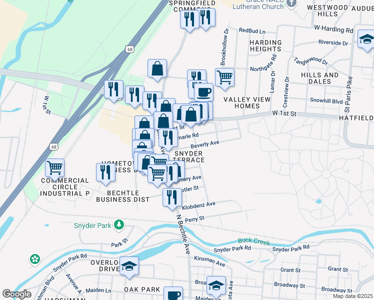 map of restaurants, bars, coffee shops, grocery stores, and more near 1371 Beverly Avenue in Springfield