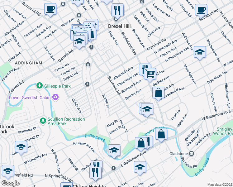 map of restaurants, bars, coffee shops, grocery stores, and more near 220 Burmont Road in Drexel Hill