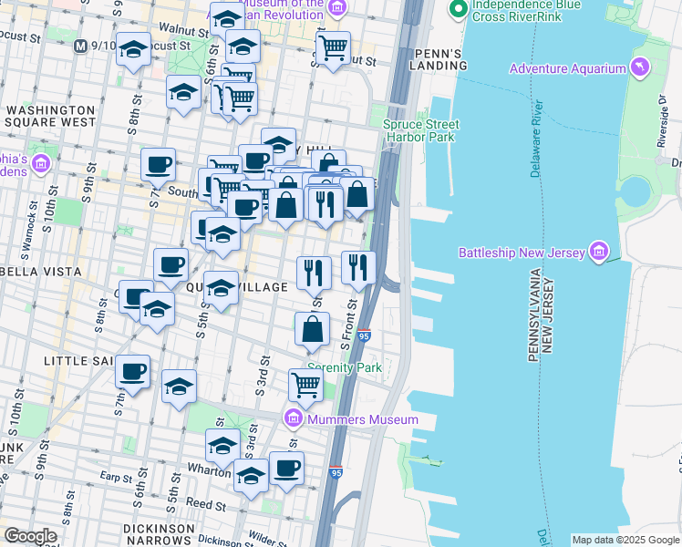 map of restaurants, bars, coffee shops, grocery stores, and more near 123 Pemberton Street in Philadelphia