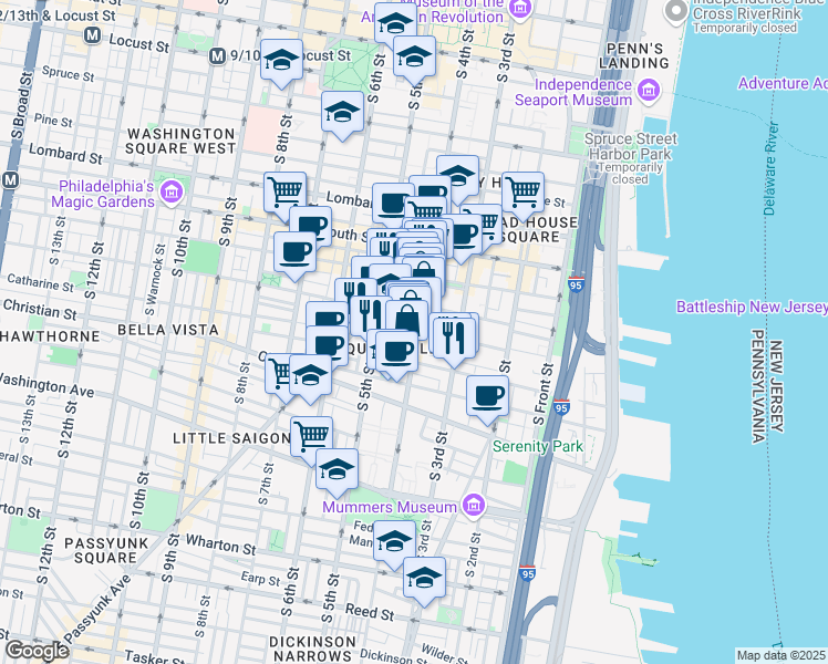 map of restaurants, bars, coffee shops, grocery stores, and more near 748 South 4th Street in Philadelphia