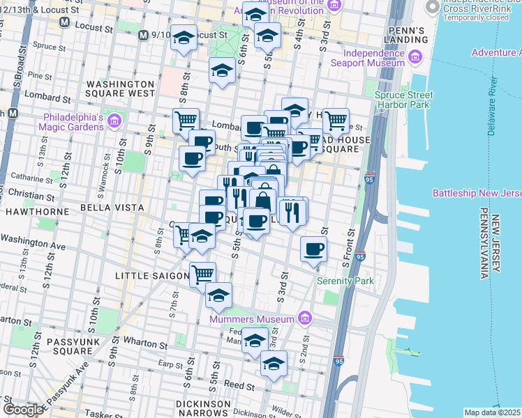 map of restaurants, bars, coffee shops, grocery stores, and more near 414 Fitzwater Street in Philadelphia