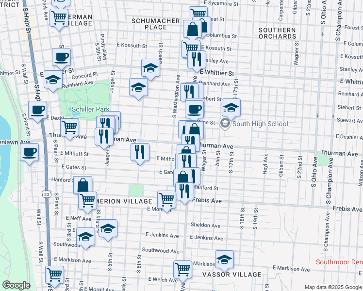 map of restaurants, bars, coffee shops, grocery stores, and more near 429 Thurman Avenue in Columbus